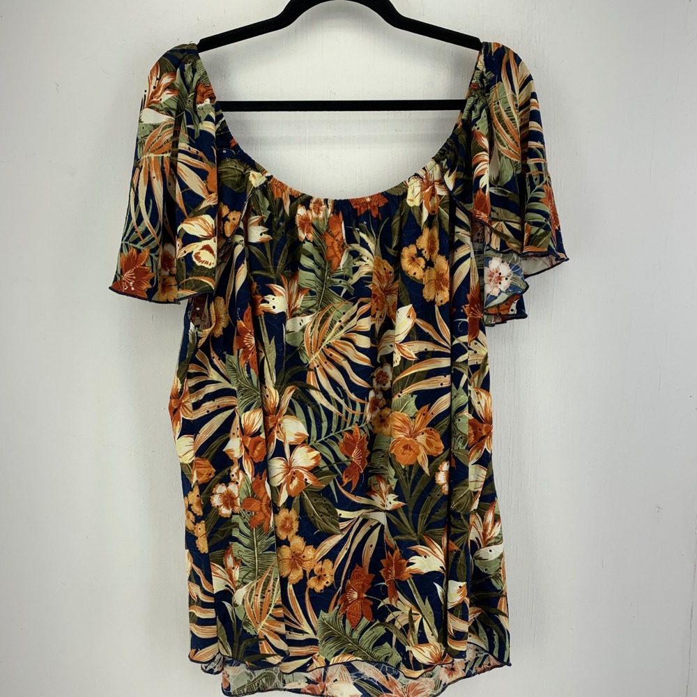 Cha Cha Vente Womens 2X Tropical Floral Flutter Sleeve Eyelet Top Boho Vacation